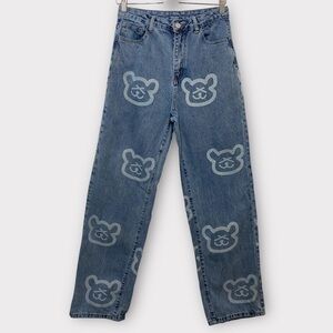 SHEIN Bleached Teddy Print Jeans Size Medium